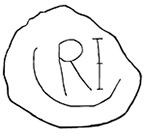 Wine bottle seal with letters RI enclosed within a circle. RI stands for Angelica property owner Catholic planter Richard Johns in late 17th and early 18th century (as early as 1677 to 1717).  The letter I is a common colonial substitute for the letter J, from 18CV60, illustration shown beside it.
